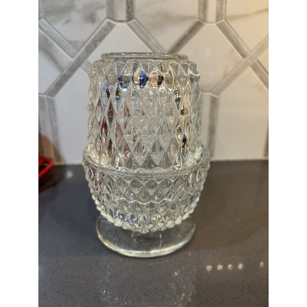 Vintage Indiana Glass Fairy Lamp Clear Diamond Point Candle Holder 2 Piece Set